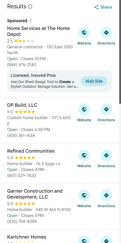 Google Maps screenshot showing DP Build, LLC at position 2 for build detached garage