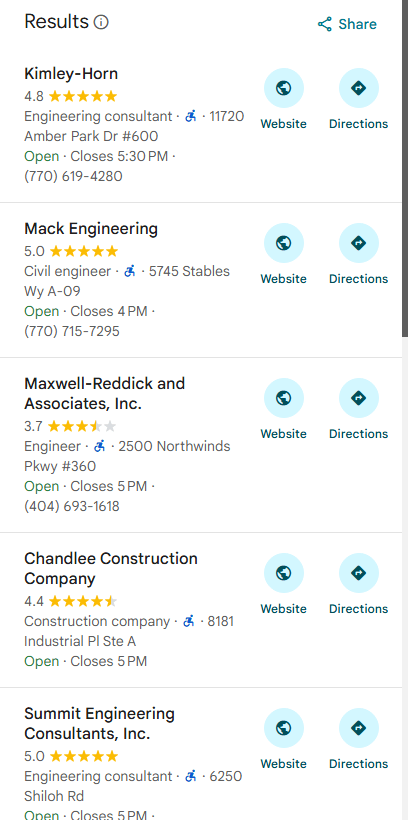 Google Maps result showing Mack Engineering in position 2
