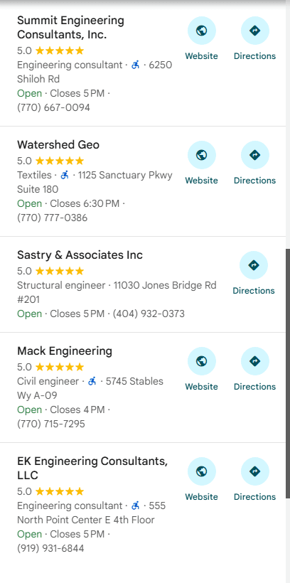 Dated July 2 Google Maps capture recording Mack Engineering at position 9 for Stormwater Engineering Alpharetta