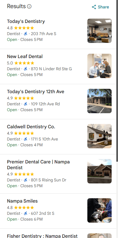 Google Maps screenshot showing Today's Dentistry at position 1 for dentist