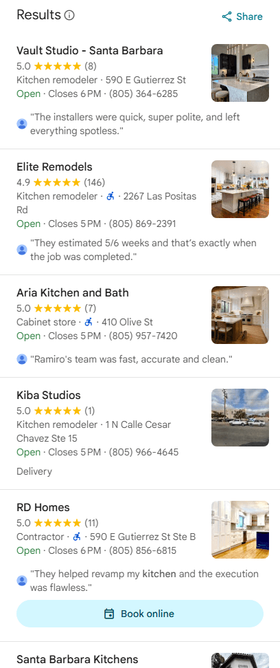 Dated August 7 Google Maps capture recording Vault Studio - Santa Barbara at position 1 for kitchen remodel