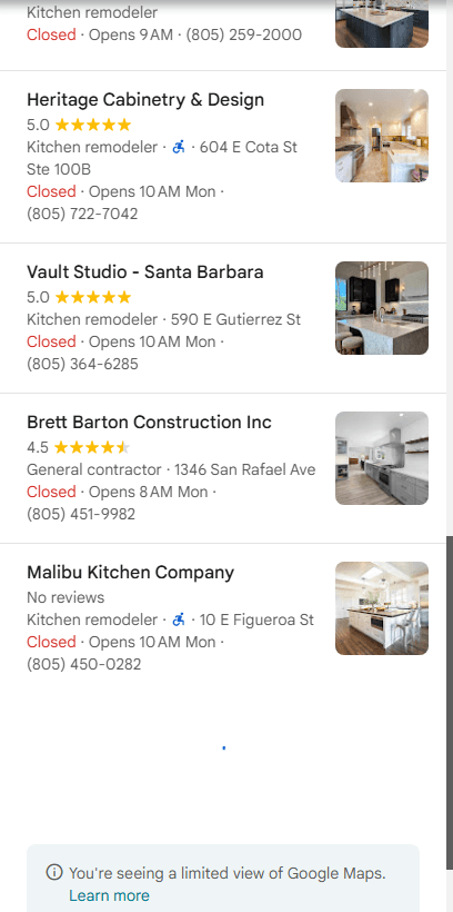 Dated July 4 Google Maps capture from the three-screen sequence recording Vault Studio - Santa Barbara at position 15 for kitchen remodel
